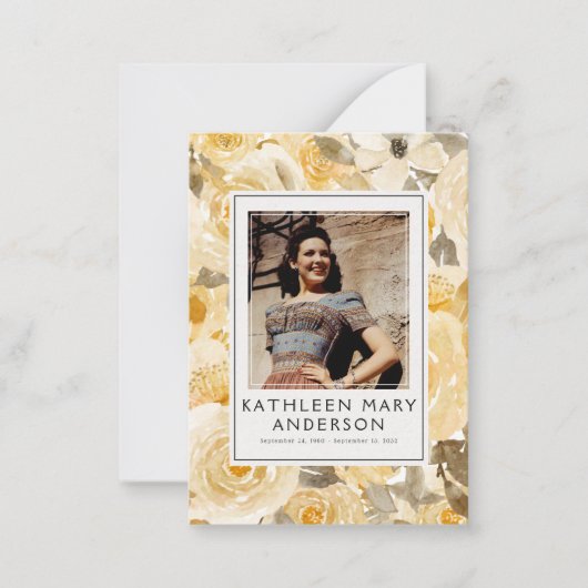 イエロー花模様写真葬儀記念祈りの言葉カード ノートカード (正面)