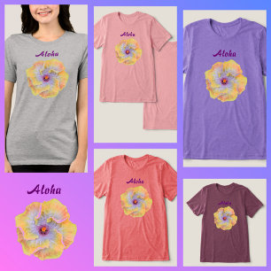 イエロー薄紫ハイビスカスフラワーハワイアンアロハ トライブレンドTシャツ