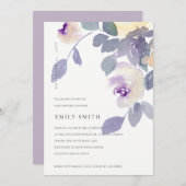 イエロー薄紫パープルバラフローラベビーシャワー招待状 サンキューカード (正面/裏面)