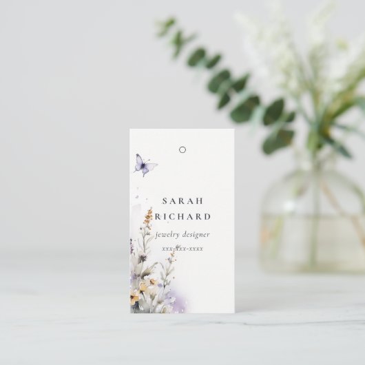 イエロー薄紫ワイルドフラワーバタフライシンプルラベル 名刺 (スタンド正面)