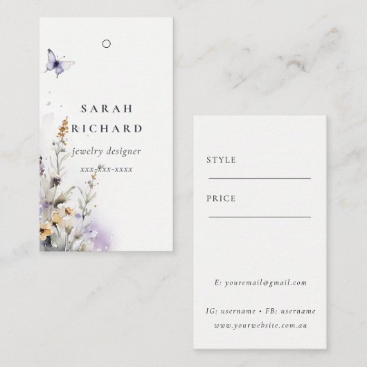 イエロー薄紫ワイルドフラワーバタフライシンプルラベル 名刺 (正面/裏面)