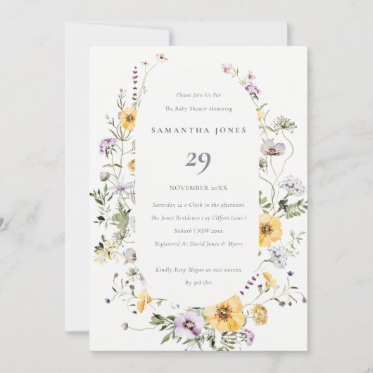 イエロー薄紫ワイルドフラワーフレームベビーシャワー招待状 サンキューカード (正面)