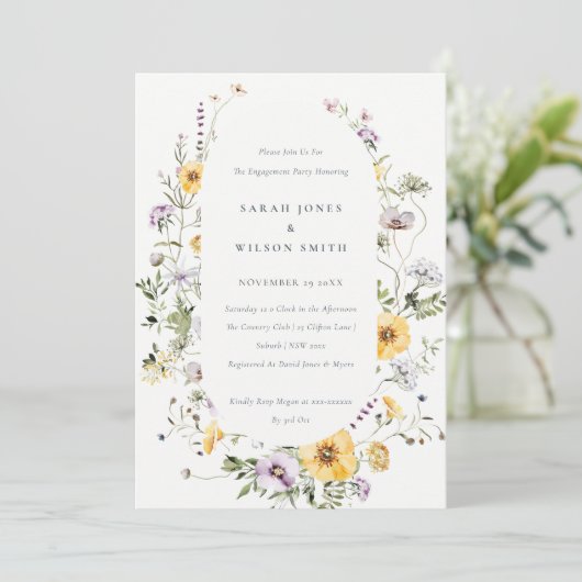 イエロー薄紫ワイルドフラワーフレーム婚約招待状 サンキューカード (スタンド正面)