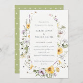 イエロー薄紫ワイルドフラワーフレーム婚約招待状 サンキューカード (正面/裏面)