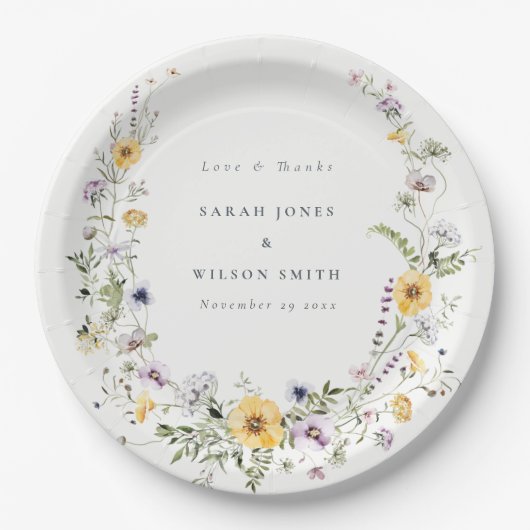 イエロー薄紫ワイルドフラワーリース結婚ズサンキュー ペーパープレート (正面)