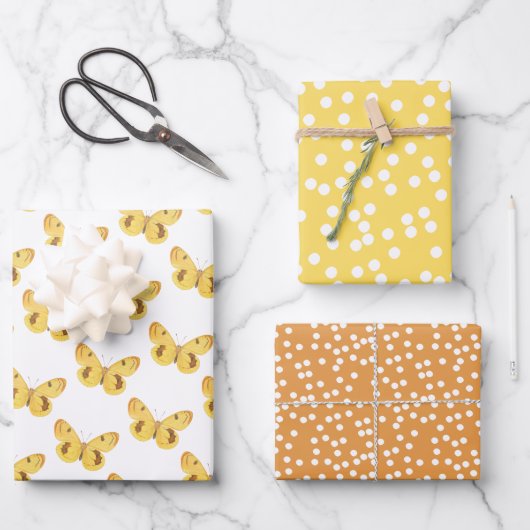イエロー蝶 – ヴィンテージファインアート&水玉模様 ラッピングペーパーシート (正面)