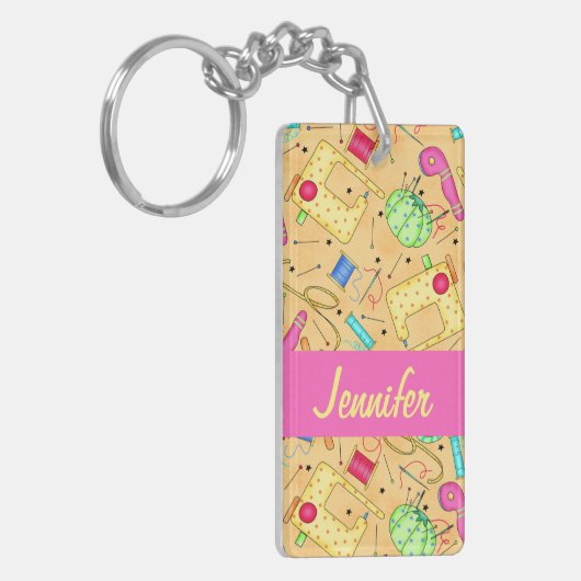 イエロー裁縫アンズアートパーソナライズされた名 キーホルダー (正面左)