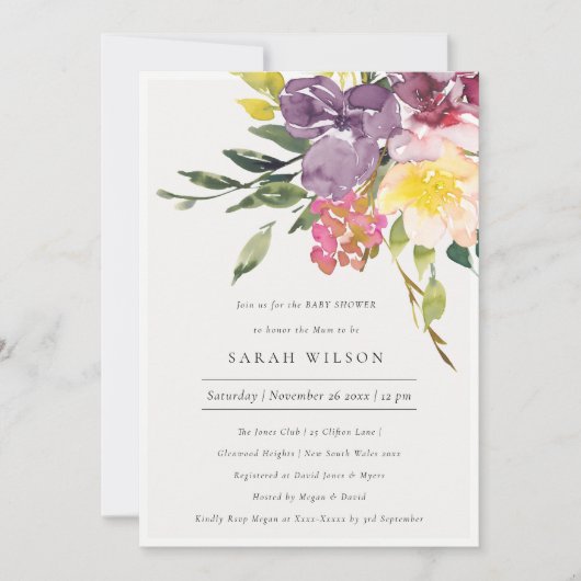 イエロー赤面ブルゴーニュフローラベビーシャワー招待状 サンキューカード (正面)