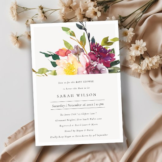 イエロー赤面ブルゴーニュフローラベビーシャワー招待状 サンキューカード