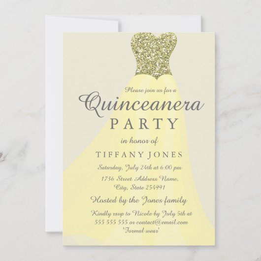 イエロー金ゴールドきらめくグリッターガウンキンセアニェラ 招待状 (正面)