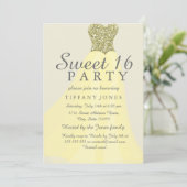 イエロー金ゴールドきらめくグリッターガウンスウィート16招待状 招待状 (スタンド正面)