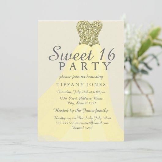 イエロー金ゴールドきらめくグリッターガウンスウィート16招待状 招待状 (スタンド正面)