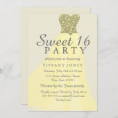イエロー金ゴールドきらめくグリッターガウンスウィート16招待状 招待状 (正面/裏面)