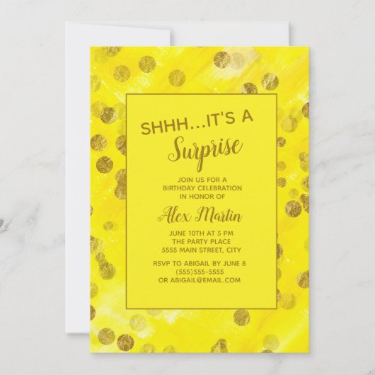 イエロー金ゴールドグリッターサプライズバースデーパーティー 招待状 (正面)