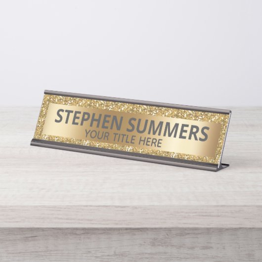 イエロー金ゴールドグリッタースパークルグラムカスタム デスクネームプレート (正面)