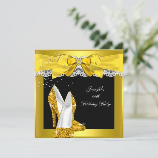 イエロー金ゴールドグリッターハイヒールシューバースデーパーティー 招待状 (スタンド正面)