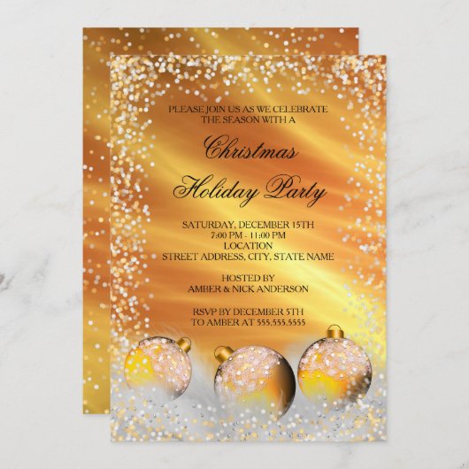 イエロー金ゴールドスノウーブレスクリスマスホリデーパーティー 招待状 (正面/裏面)