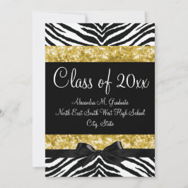 イエロー金ゴールドスパークルゼブラボウ卒業招待状 招待状