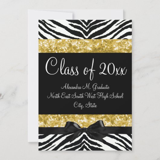 イエロー金ゴールドスパークルゼブラボウ卒業招待状 招待状 (正面)