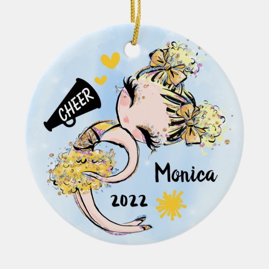 イエロー金ゴールドチアリーダガールオーナメントブロンドヘア セラミックオーナメント (正面)