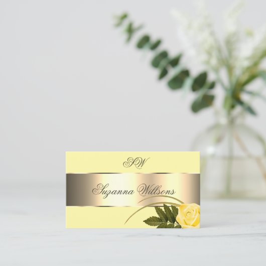 イエロー金ゴールドデコールかわいいバラフラワーとイニシャル 名刺 (スタンド正面)