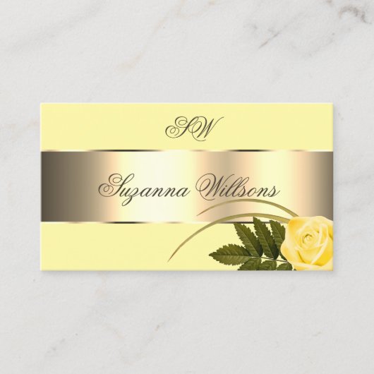 イエロー金ゴールドデコールかわいいバラフラワーとイニシャル 名刺 (正面)
