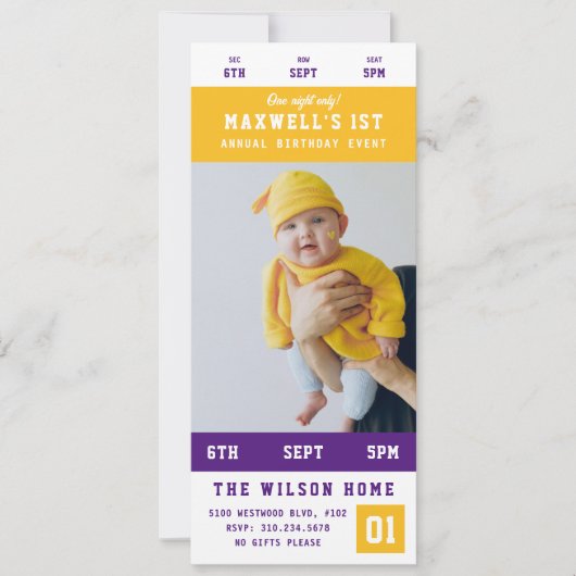 イエロー金ゴールドパープルスポーツのイベントチケット誕生日 招待状 (正面)