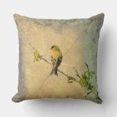 イエロー金ゴールドフィンチバードツリーブランチヴィンテージスタイル クッション (正面)