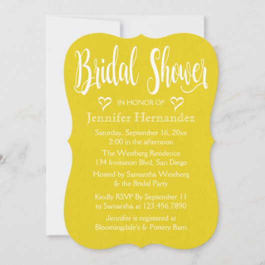 イエロー金ゴールドブライダルシャワーホワイトハート結婚ズ 招待状 (正面)