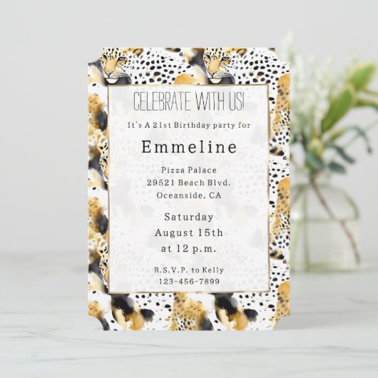 イエロー金ゴールドホワイトブラックヒョウ抽象芸術 招待状 (スタンド正面)
