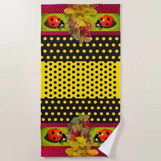 イエロー金ゴールドラディバグ水玉模様ビーチタオル ビーチタオル (正面)