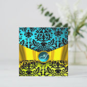 イエロー金ゴールドリボンティール(緑がかった色)ブルーブラックダマスクモノグラム 招待状 (スタンド正面)