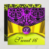 イエロー金ゴールドリボンパープルブラックダマスモノグラム 招待状 (正面/裏面)