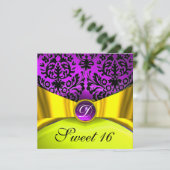 イエロー金ゴールドリボンパープルブラックダマスモノグラム 招待状 (スタンド正面)