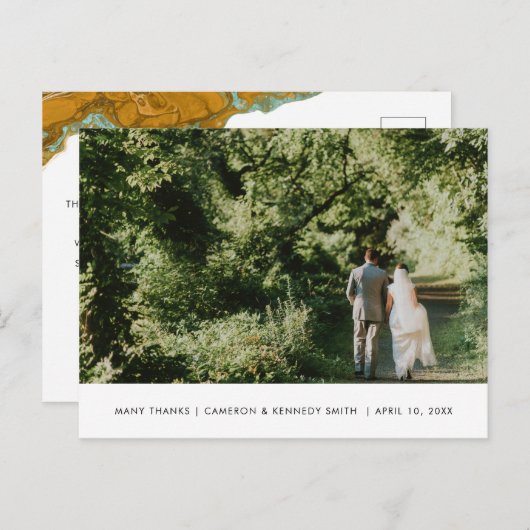 イエロー金ゴールド&アクアマーブルサンキューハガキ ポストカード (正面/裏面)