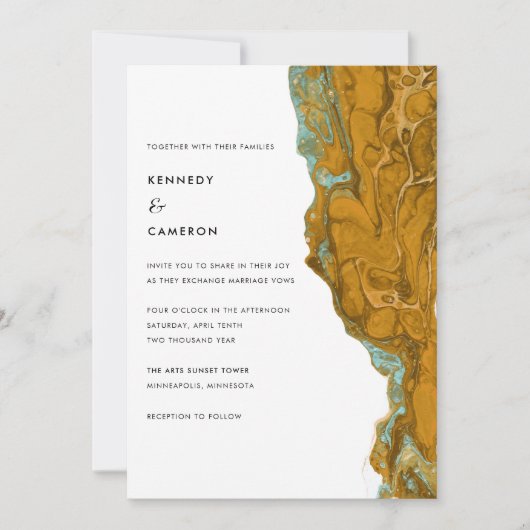 イエロー金ゴールド&アクアミニマリストマーブル結婚ズ 招待状 (正面)