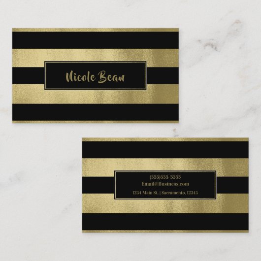 イエロー金ゴールド&ブラックストライプズシックモダングラム 名刺 (正面/裏面)