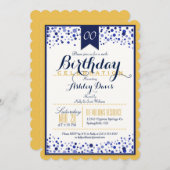 イエロー金ゴールド、ホワイト、ネイビーブルー誕生日パーティー 招待状 (正面/裏面)