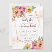 イエロー、オレンジ、ピンクのフローラ結婚式招待状 セーブザデート (正面)