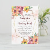 イエロー、オレンジ、ピンクのフローラ結婚式招待状 セーブザデート (スタンド正面)