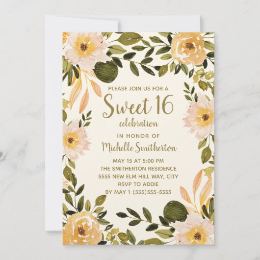 イエロー+クリーム色の花とグリーンが可愛いSweet 16 招待状 (正面)