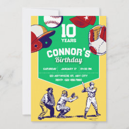 イエロー&グリーンの野球誕生日パーティー 招待状