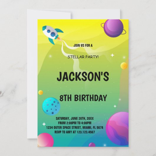 イエロー&グリーンアウタースペース誕生日招待状 招待状 (正面)