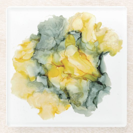 イエロー&グリーングレー抽象芸術コースター ガラスコースター (正面)