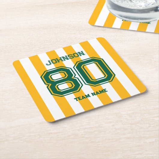 イエロー&グリーンスポーツチーム名前をカスタムするナンバーチーム スクエアペーパーコースター (アングル)