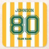 イエロー&グリーンスポーツチーム名前をカスタムするナンバーチーム スクエアペーパーコースター (正面)