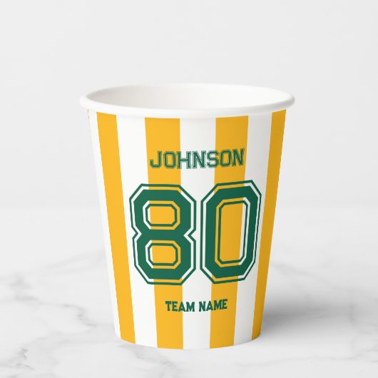 イエロー&グリーンスポーツチーム名前をカスタムするナンバーチーム 紙コップ (正面)