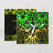 イエロー グリーン エメラルド ブラック ダマスク モノグラム 招待状 (正面/裏面)