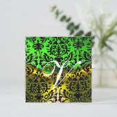 イエロー グリーン エメラルド ブラック ダマスク モノグラム 招待状 (スタンド正面)