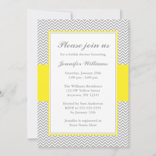 イエロー&グレーシェブロンブライダルシャワー 招待状 (正面)